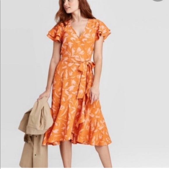 a new day Dresses & Skirts - A New Day Floral Faux Wrap Flutter Sleeve Dress